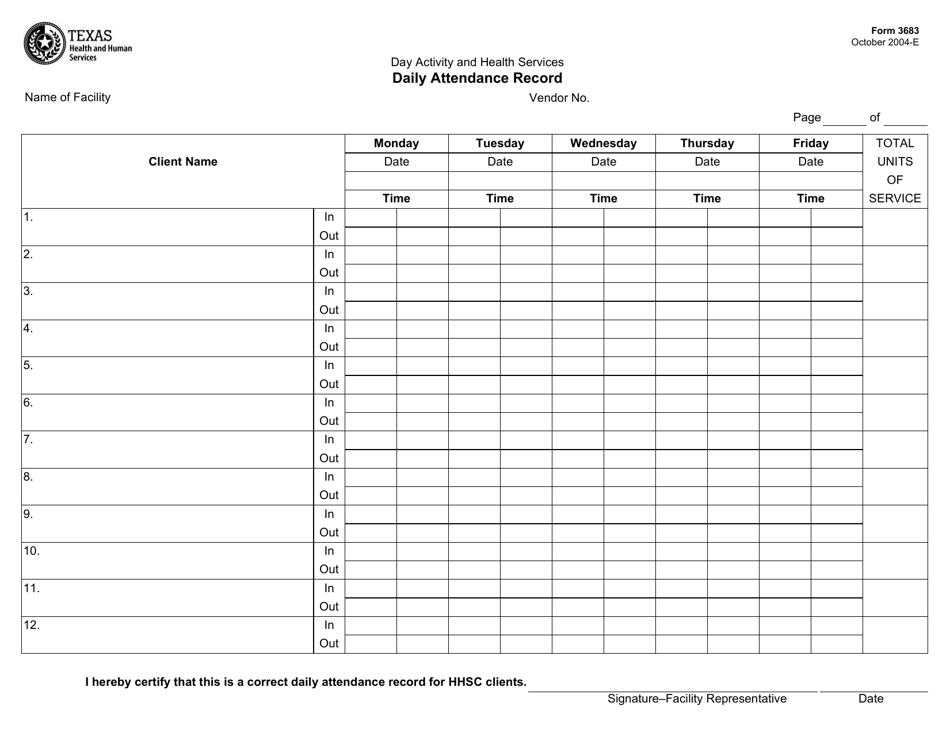 Form 3683 Day Activity and Health Services Daily Attendance Record - Texas, Page 1
