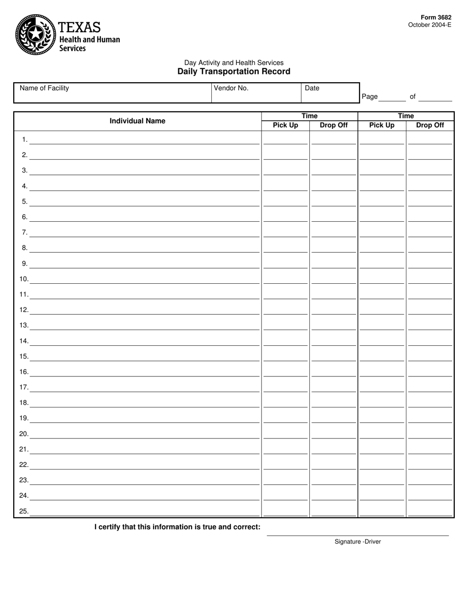 Form 3682 Daily Transportation Record - Texas, Page 1