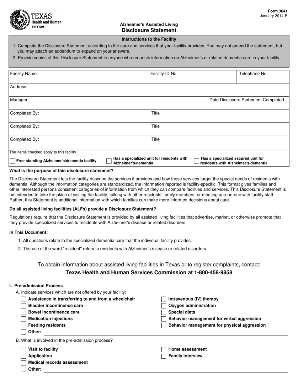 Form 3641 Alzheimers Assisted Living Disclosure Statement - Texas, Page 1