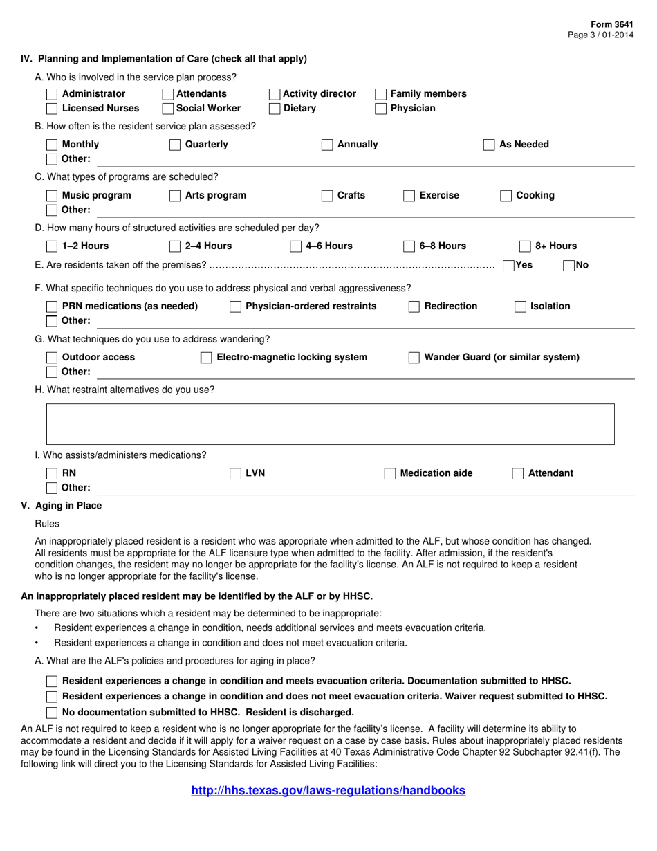 Form 3641 Alzheimers Assisted Living Disclosure Statement - Texas, Page 3