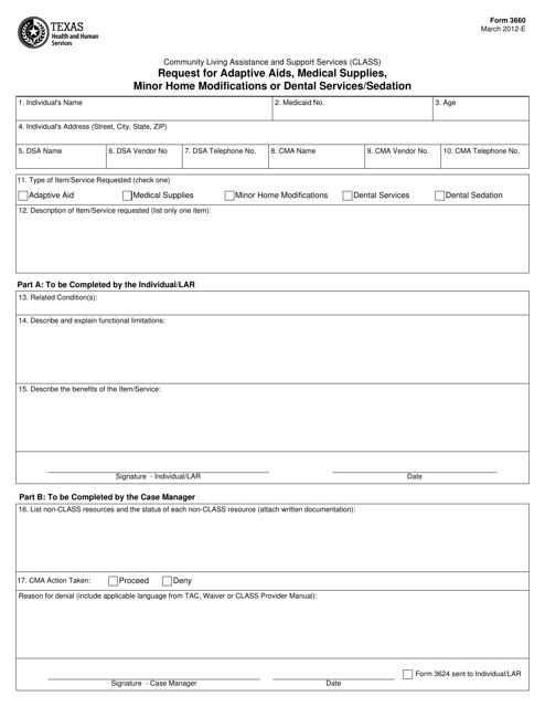 Form 3660 Request for Adaptive AIDS, Medical Supplies, Minor Home Modifications or Dental Services/Sedation - Texas