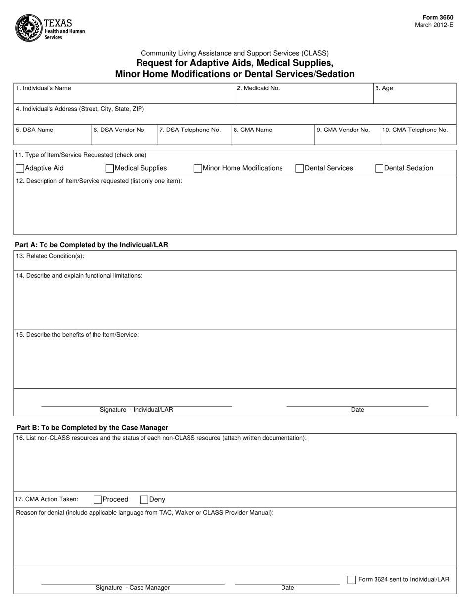 Form 3660 Request for Adaptive AIDS, Medical Supplies, Minor Home Modifications or Dental Services / Sedation - Texas, Page 1