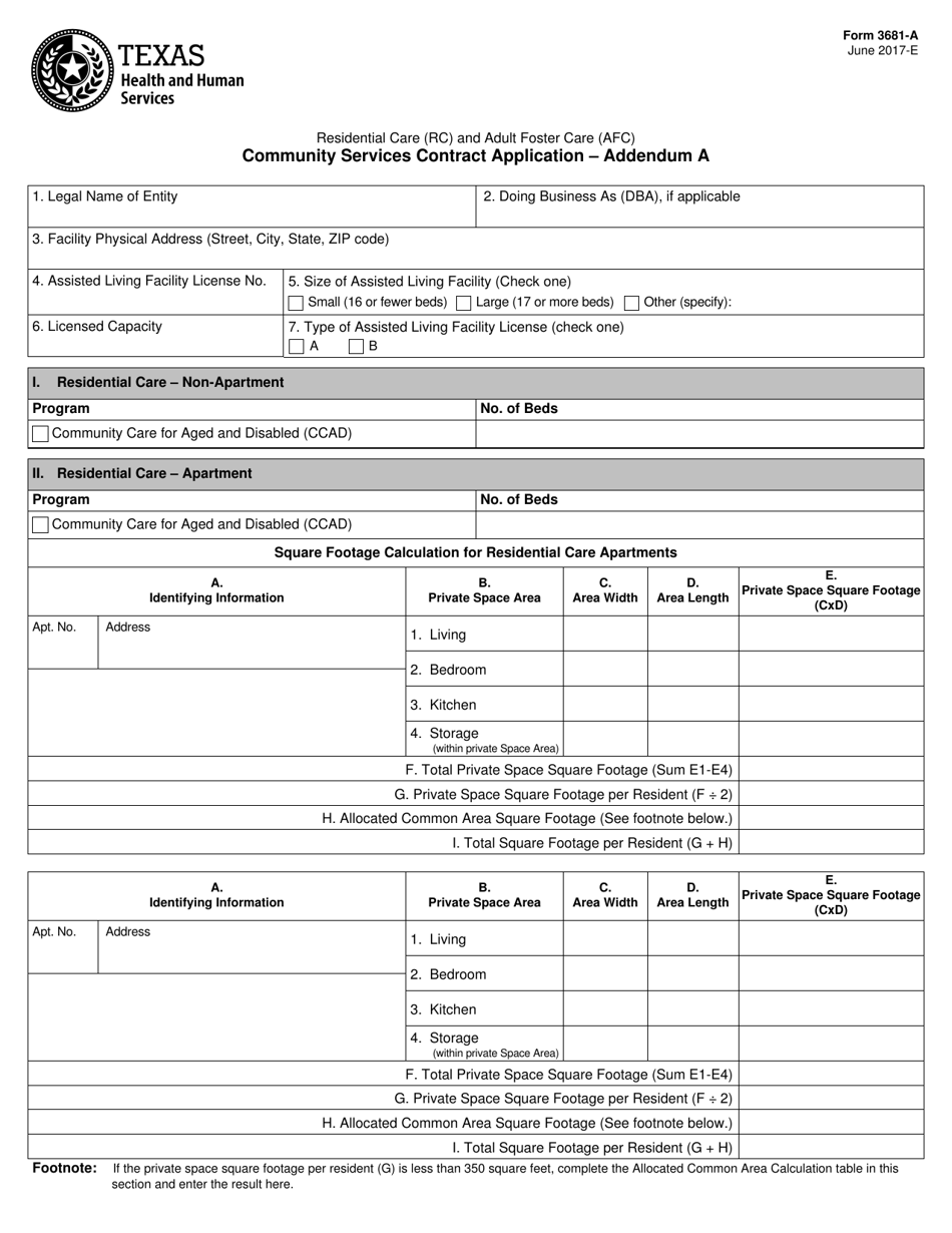 Form 3681-A Addendum A Community Services Contract Application - Texas, Page 1