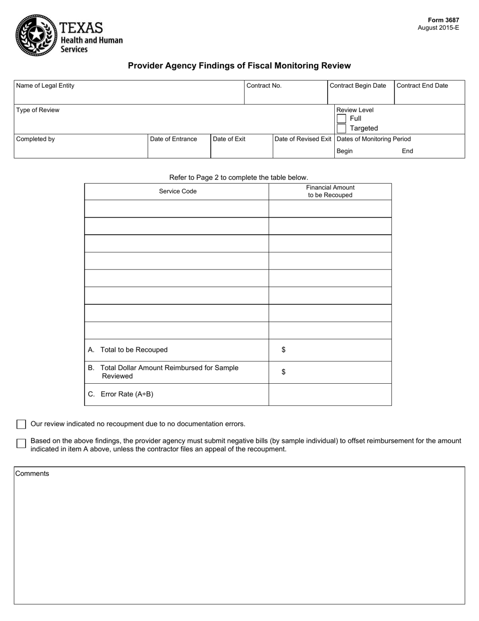 Form 3687 Provider Agency Findings of Fiscal Monitoring Review - Texas, Page 1