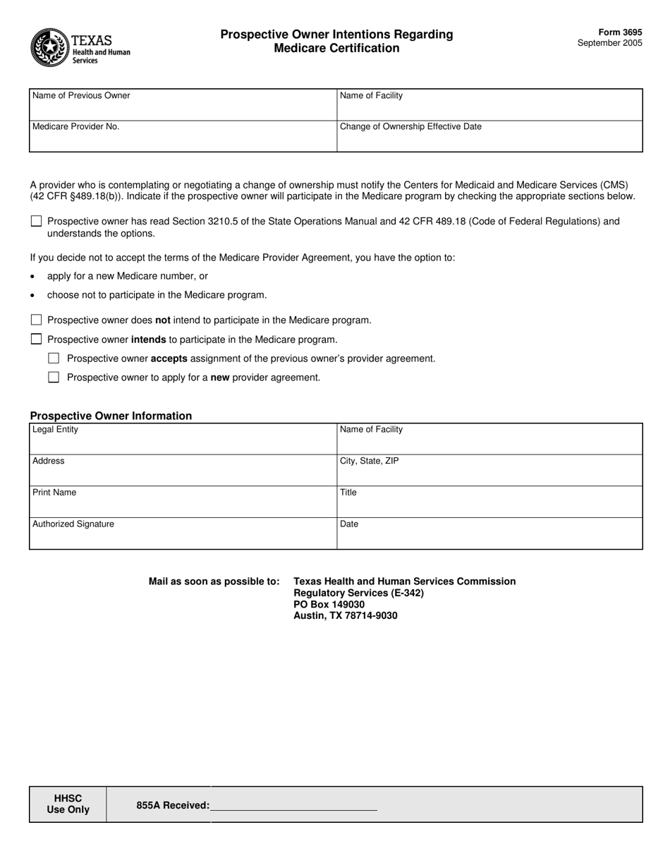 Form 3695 Prospective Owner Intentions Regarding Medicare Certification - Texas, Page 1