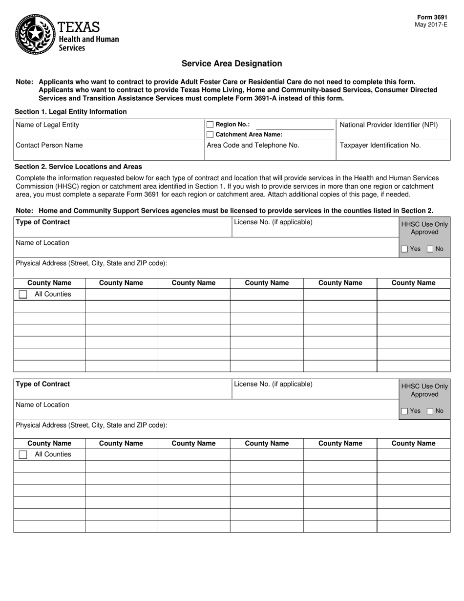 Form 3691 Service Area Designation - Texas, Page 1