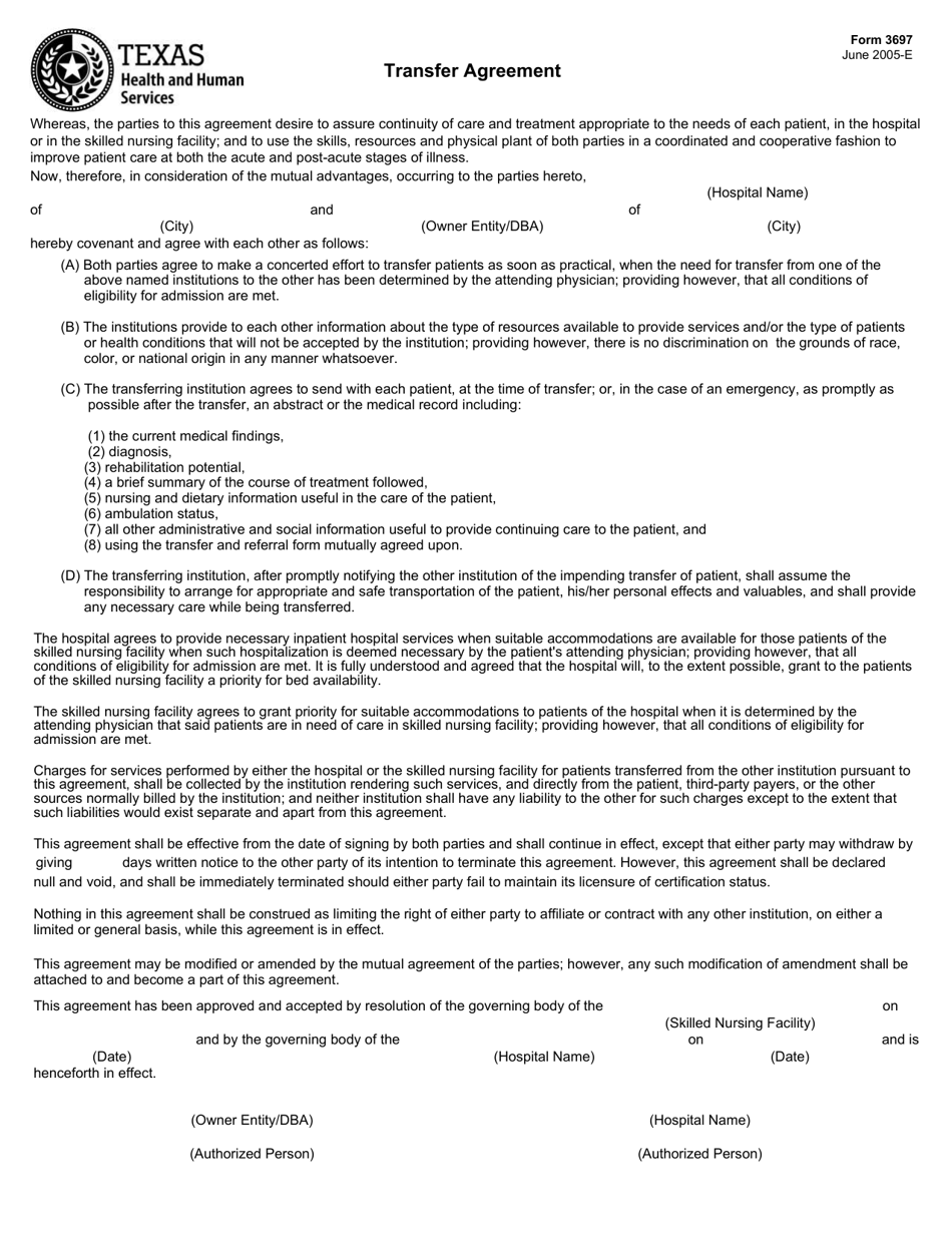 Form 3697 Transfer Agreement - Texas, Page 1