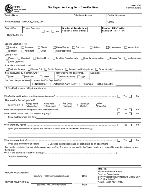 Form 3707 Fire Report for Long Term Care Facilities - Texas