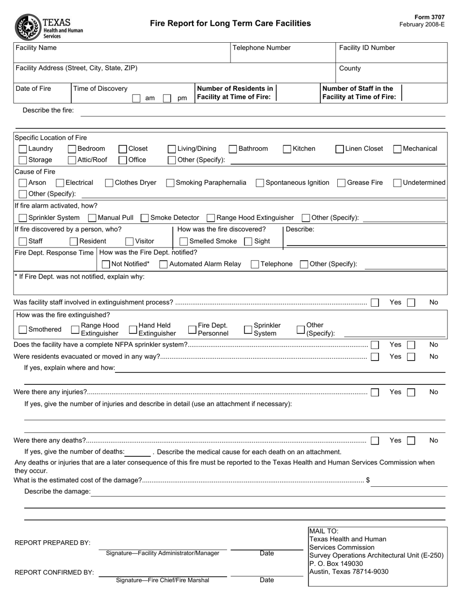 Form 3707 Fire Report for Long Term Care Facilities - Texas, Page 1