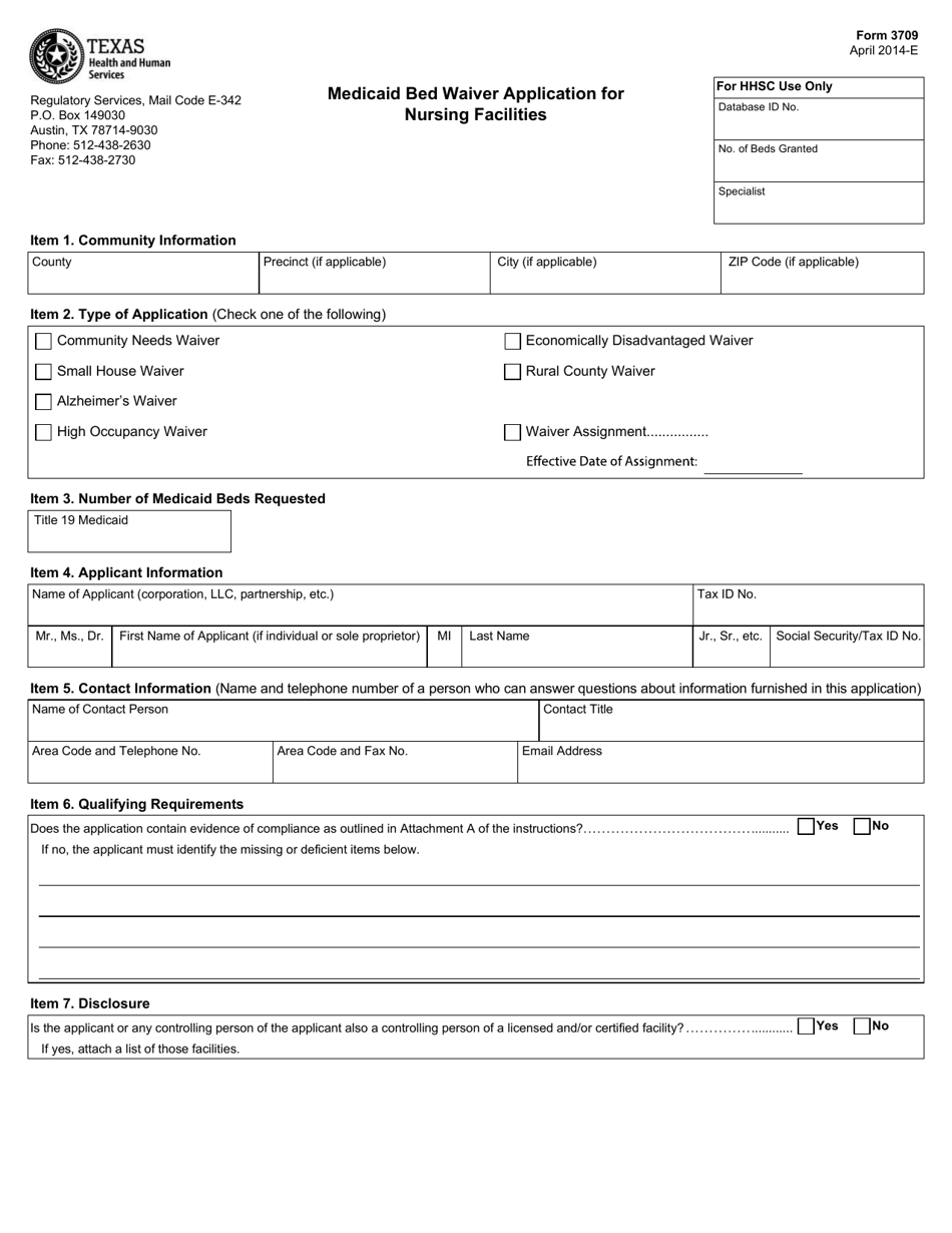 Form 3709 Medicaid Bed Waiver Application for Nursing Facilities - Texas, Page 1