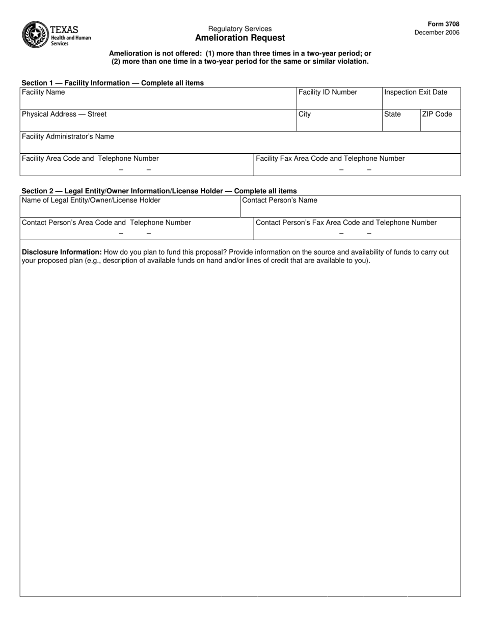 Form 3708 Amelioration Request - Texas, Page 1