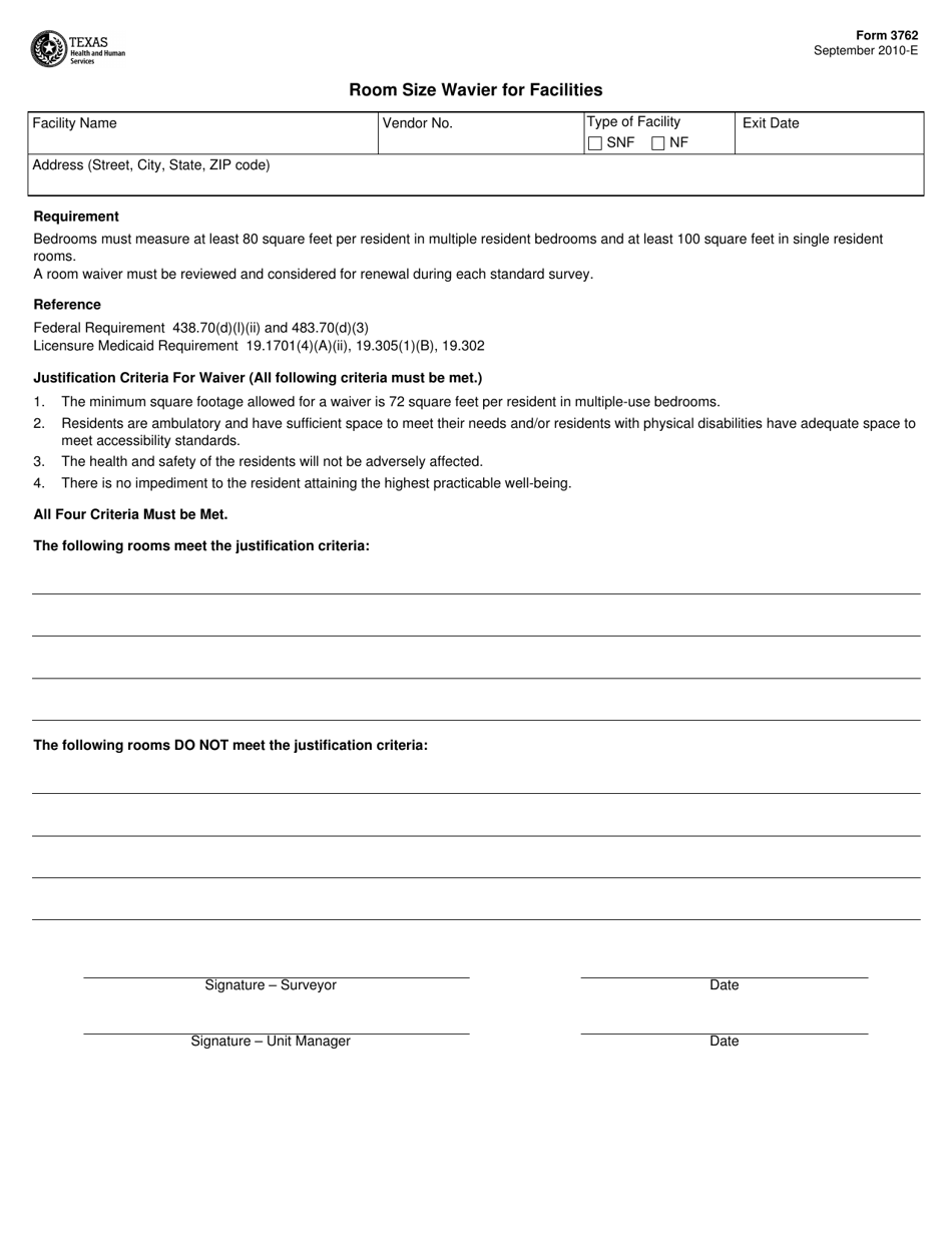 Form 3762 Room Size Wavier for Facilities - Texas, Page 1