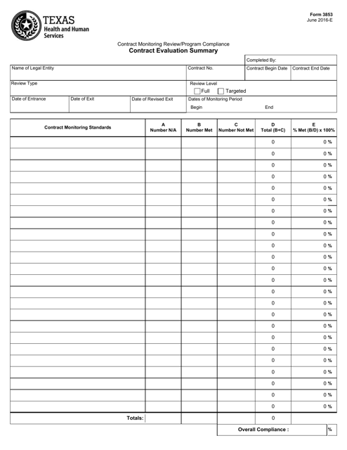 Form 3853 Contract Evaluation Summary - Texas