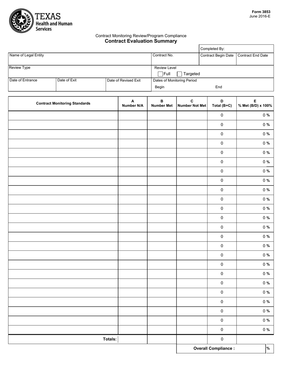 Form 3853 Contract Evaluation Summary - Texas, Page 1