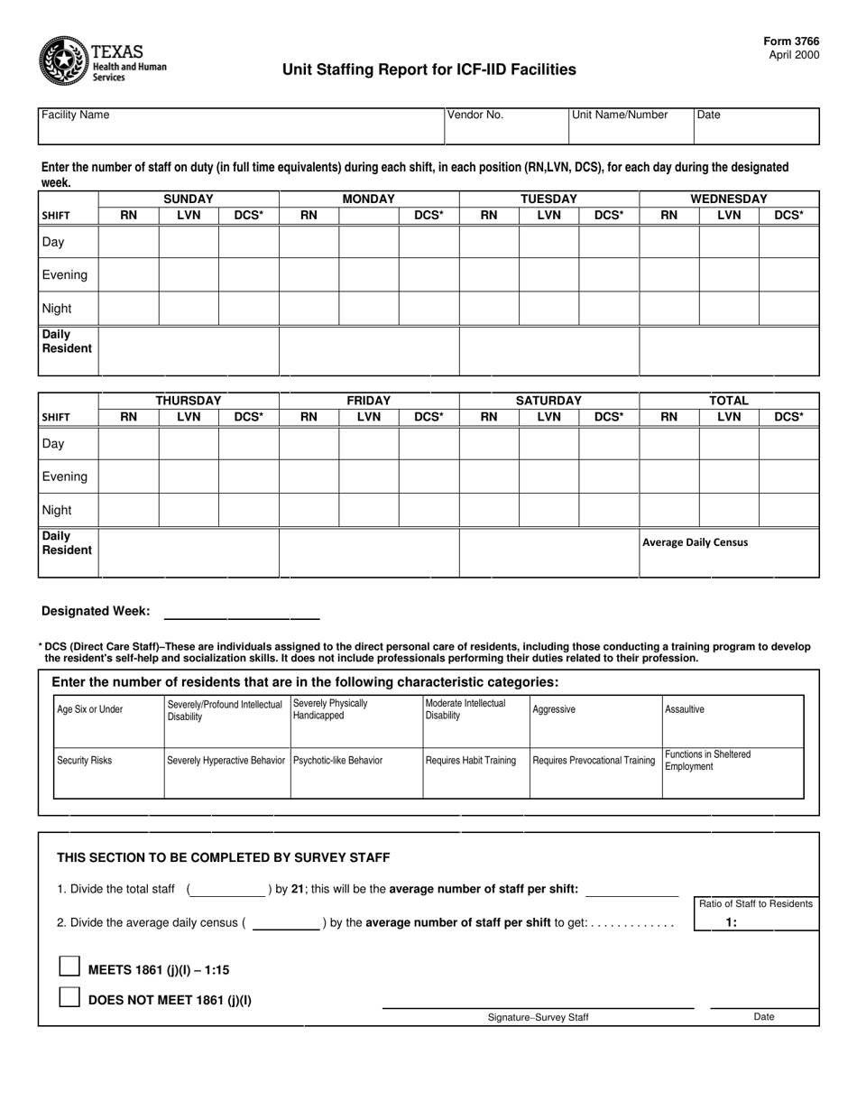 Form 3766 Unit Staffing Report for Icf-Iid Facilities - Texas, Page 1