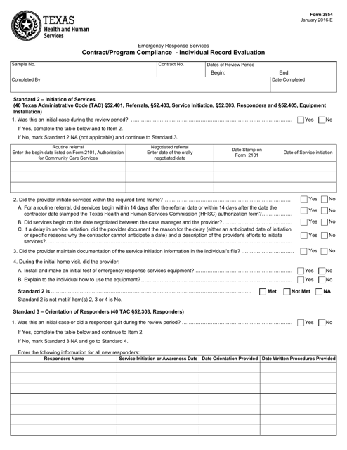 Form 3854 Contract/Program Compliance - Individual Record Evaluation - Texas