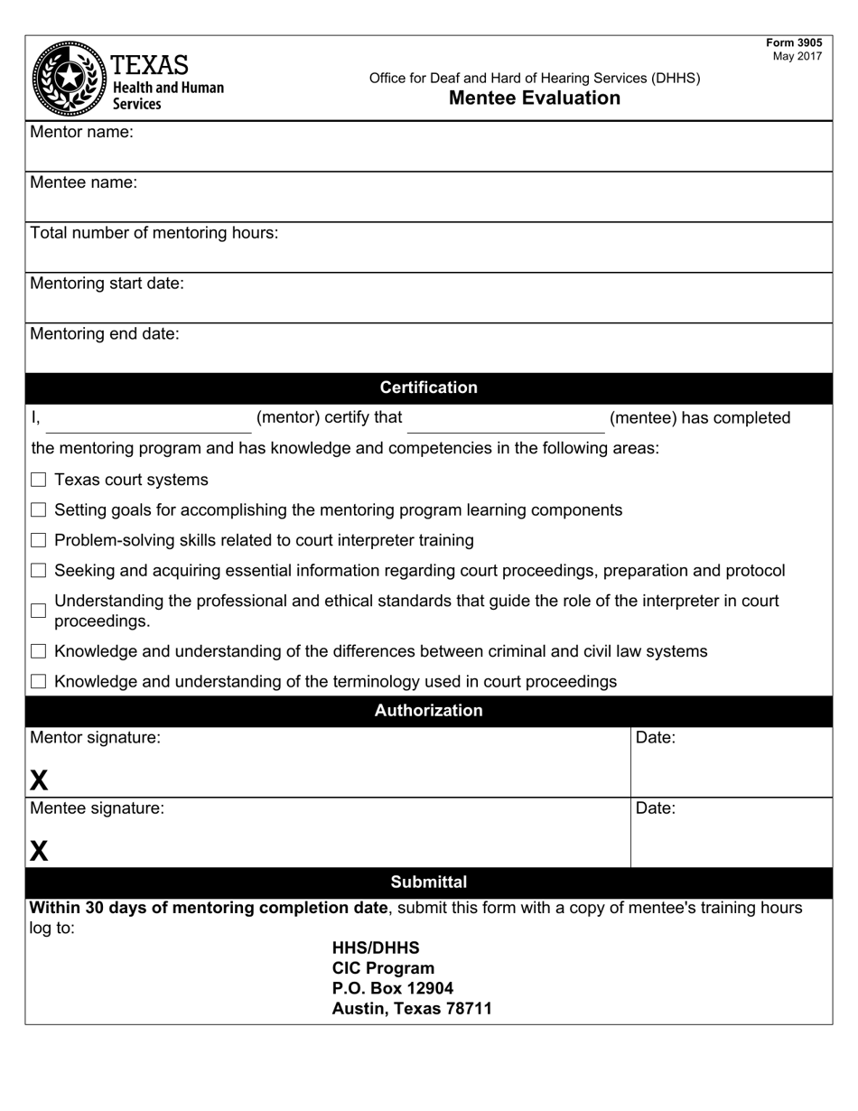 Form 3905 Mentee Evaluation - Texas, Page 1