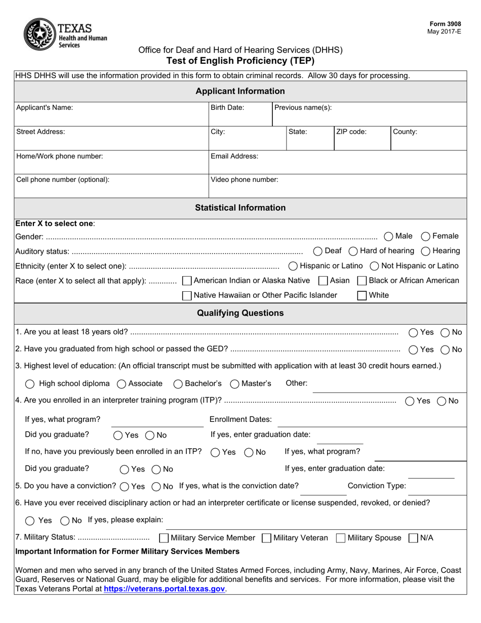 Form 3908 Test of English Proficiency (Tep) - Texas, Page 1