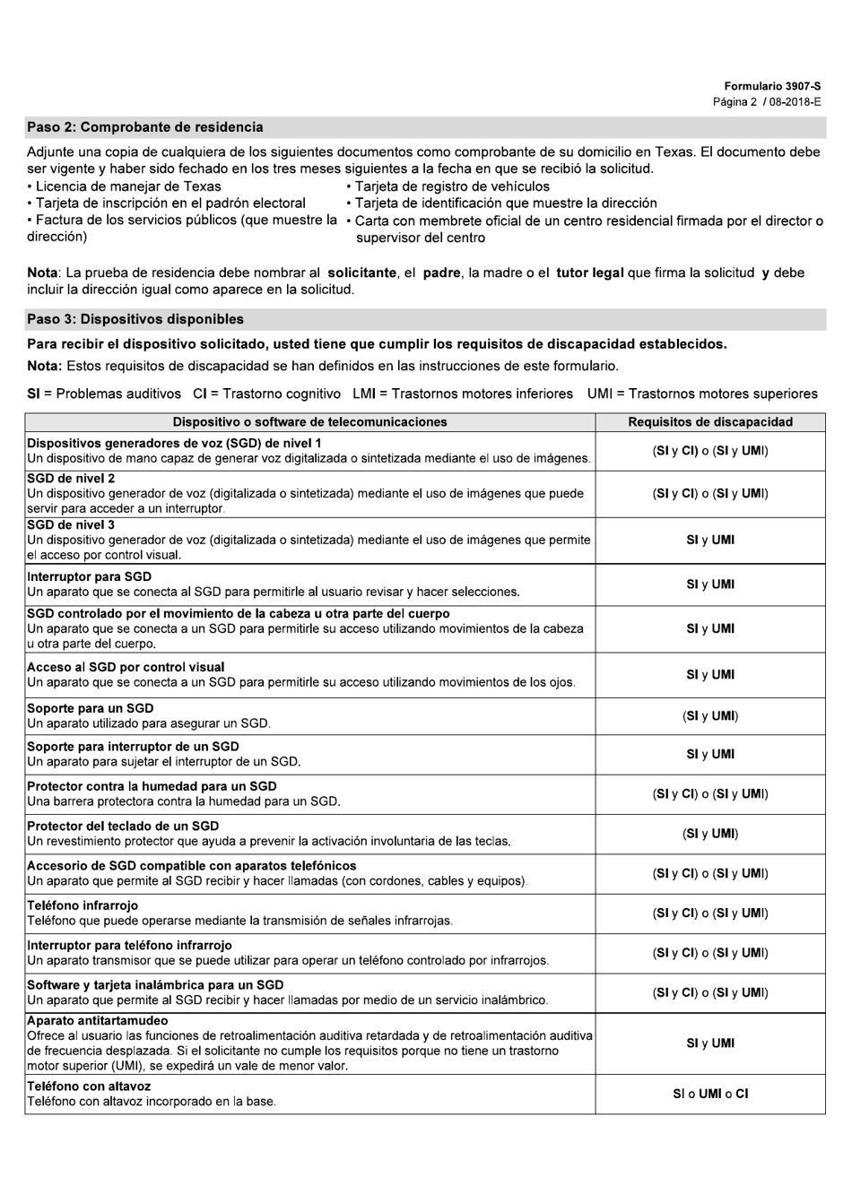 Formulario 3907-S Solicitud Para Dispositivos Generadores De Voz (Sgd) Del Programa De Asistencia Para Telecomunicaciones Especializadas (Stap) - Texas (Spanish), Page 2