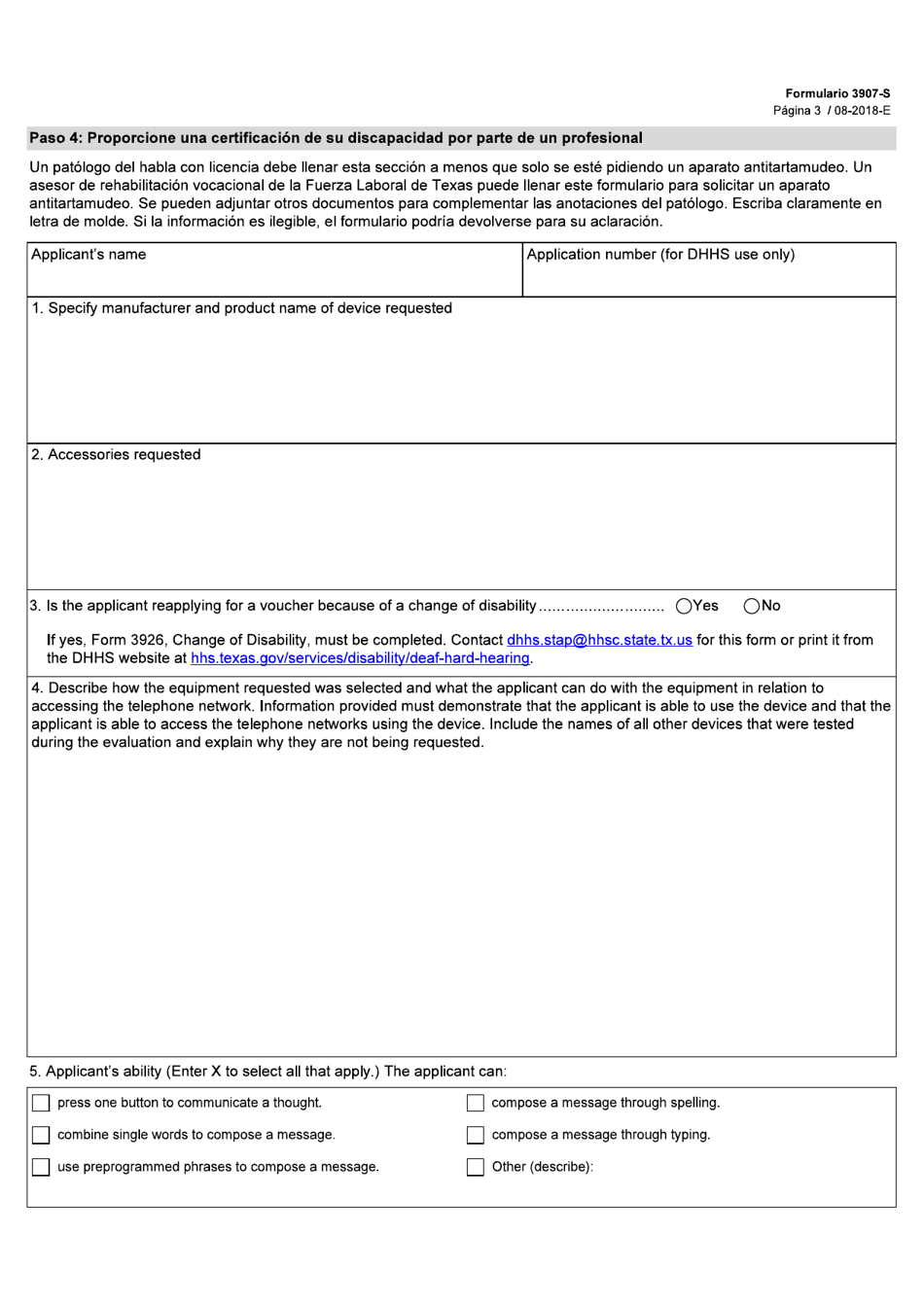 Formulario 3907-S Solicitud Para Dispositivos Generadores De Voz (Sgd) Del Programa De Asistencia Para Telecomunicaciones Especializadas (Stap) - Texas (Spanish), Page 3
