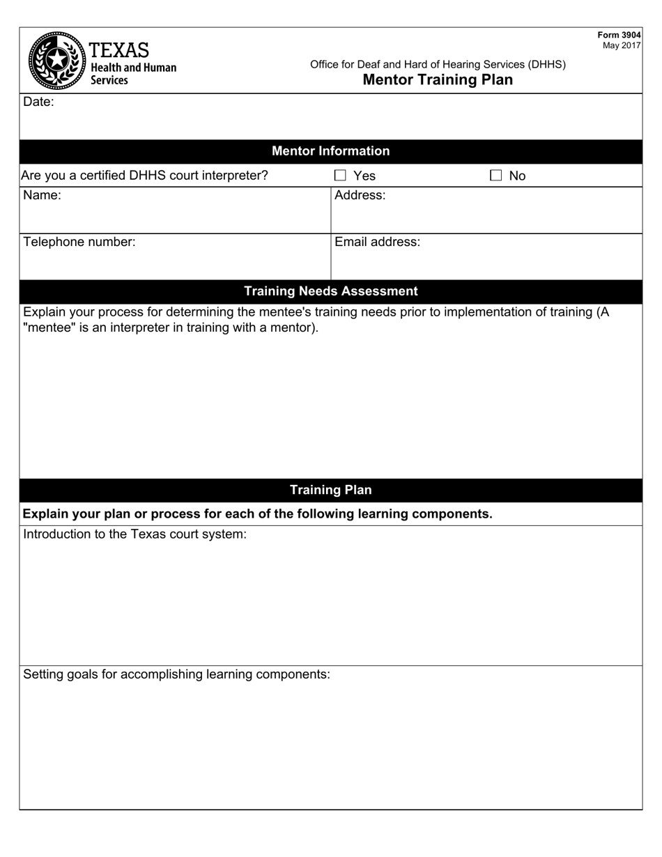 Form 3904 Mentor Training Plan - Texas, Page 1