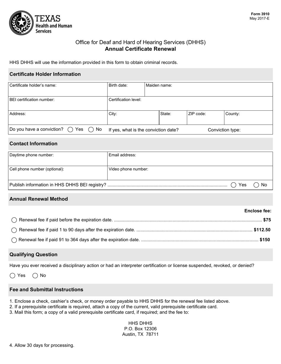 Form 3910 Annual Certificate Renewal - Texas, Page 1