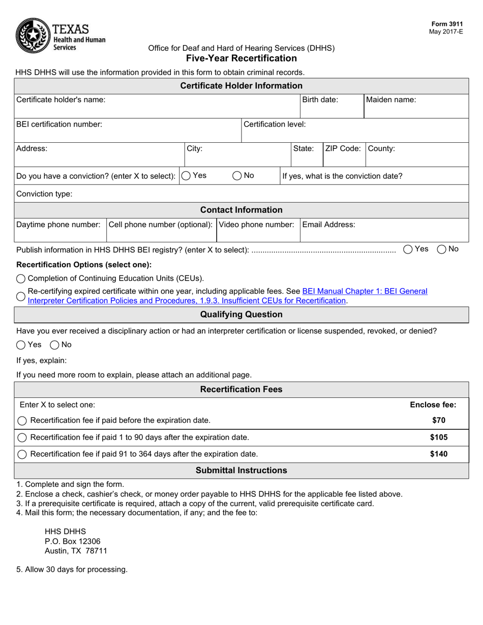 Form 3911 Five-Year Recertification - Texas, Page 1