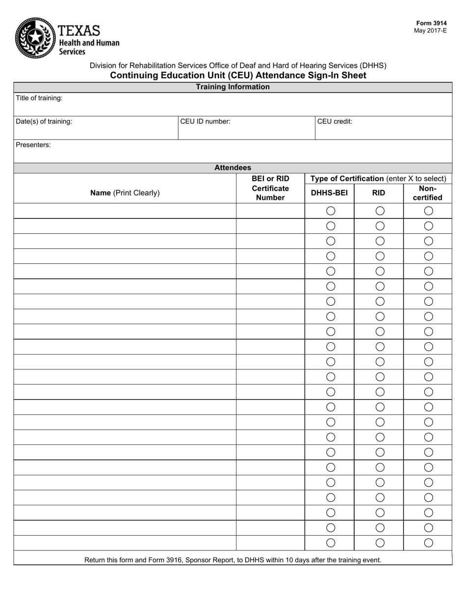 Form 3914 Continuing Education Unit (Ceu) Attendance Sign-In Sheet - Texas, Page 1