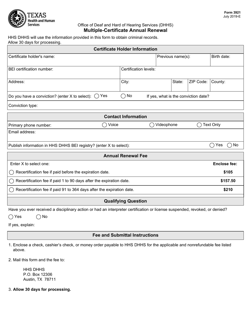 Form 3921 Multiple-Certificate Annual Renewal - Texas, Page 1