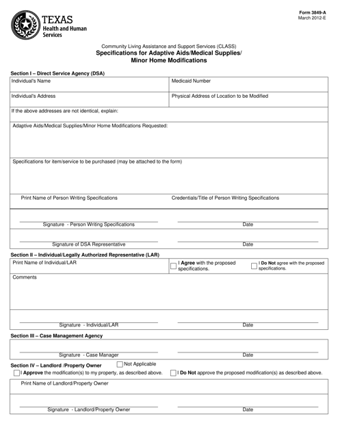 Form 3849-A Specifications for Adaptive AIDS/Medical Supplies/Minor Home Modifications - Texas