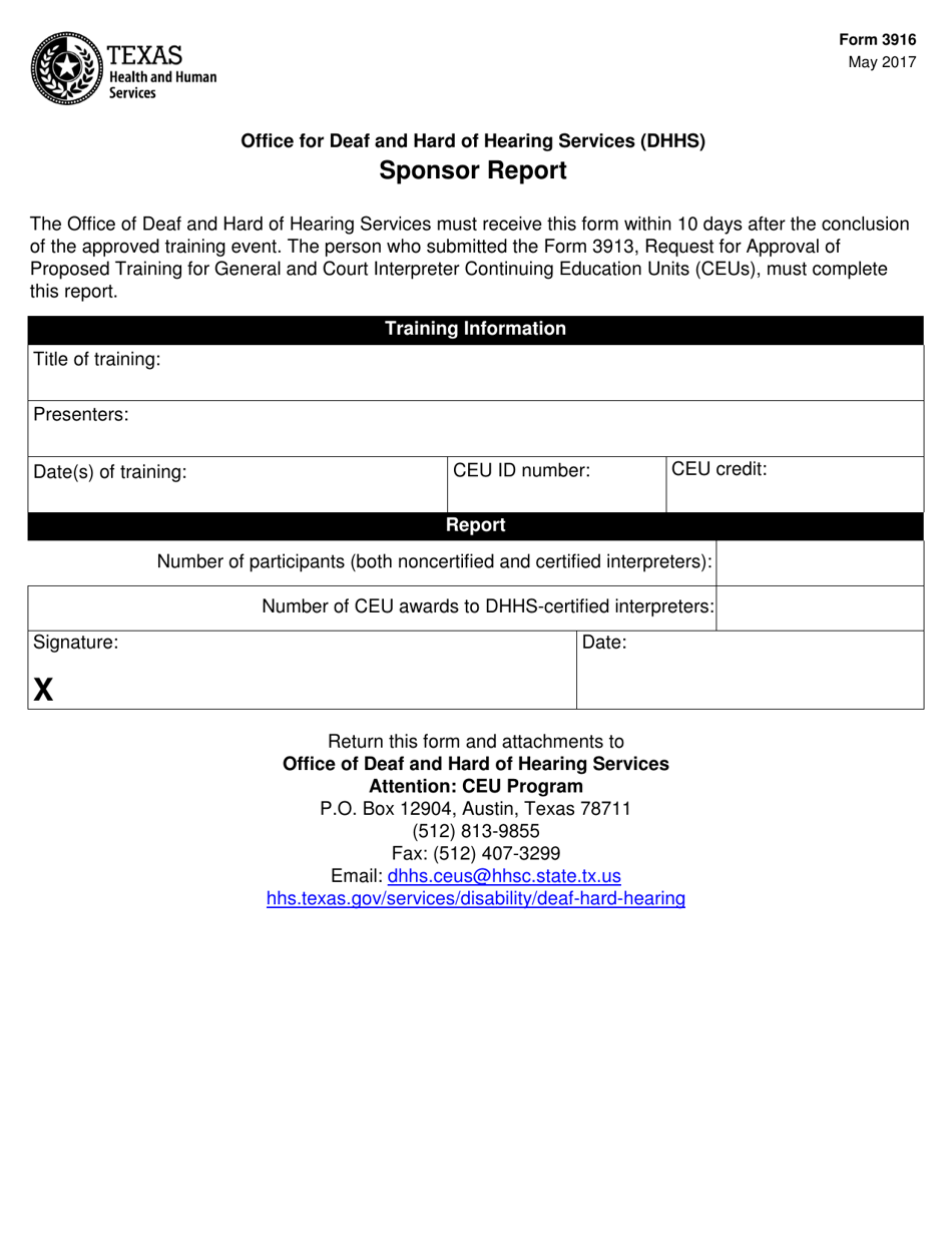 Form 3916 Sponsor Report - Texas, Page 1