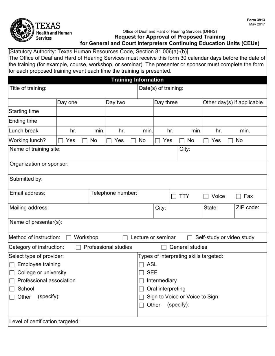 Form 3913 Request for Approval of Proposed Training for General and Court Interpreters Continuing Education Units (Ceus) - Texas, Page 1