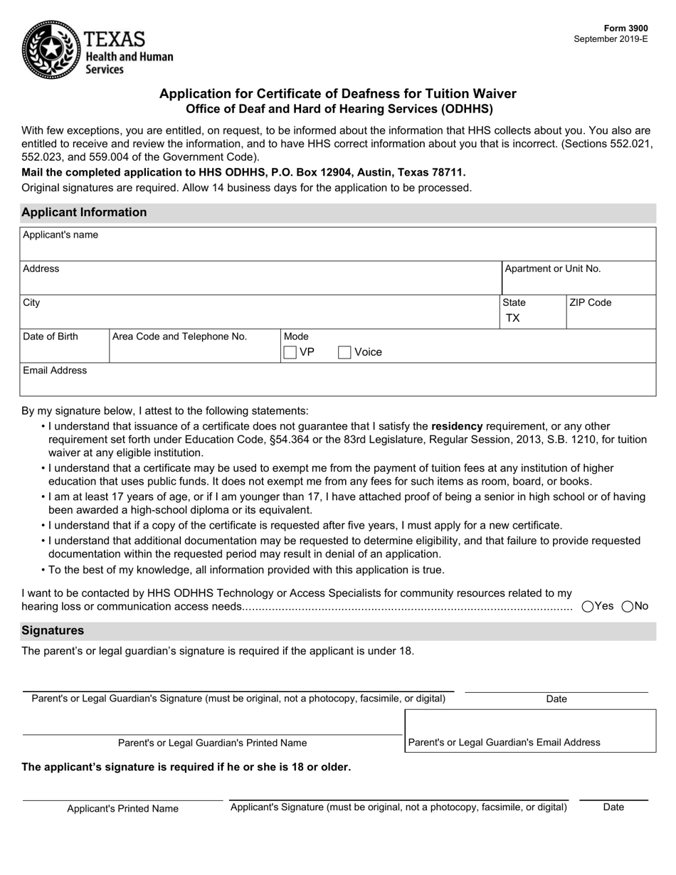 Form 3900 Application for Certificate of Deafness for Tuition Waiver - Texas, Page 1
