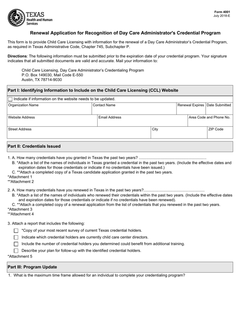 Form 4001 Renewal Application for Recognition of Day Care Administrator's Credential Program - Texas
