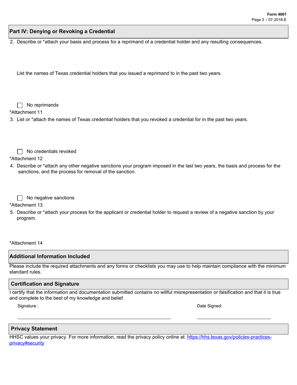 Form 4001 Renewal Application for Recognition of Day Care Administrators Credential Program - Texas, Page 3