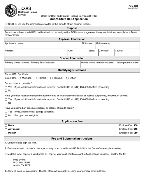 Form 3965 Out-of-State Bei Application - Texas