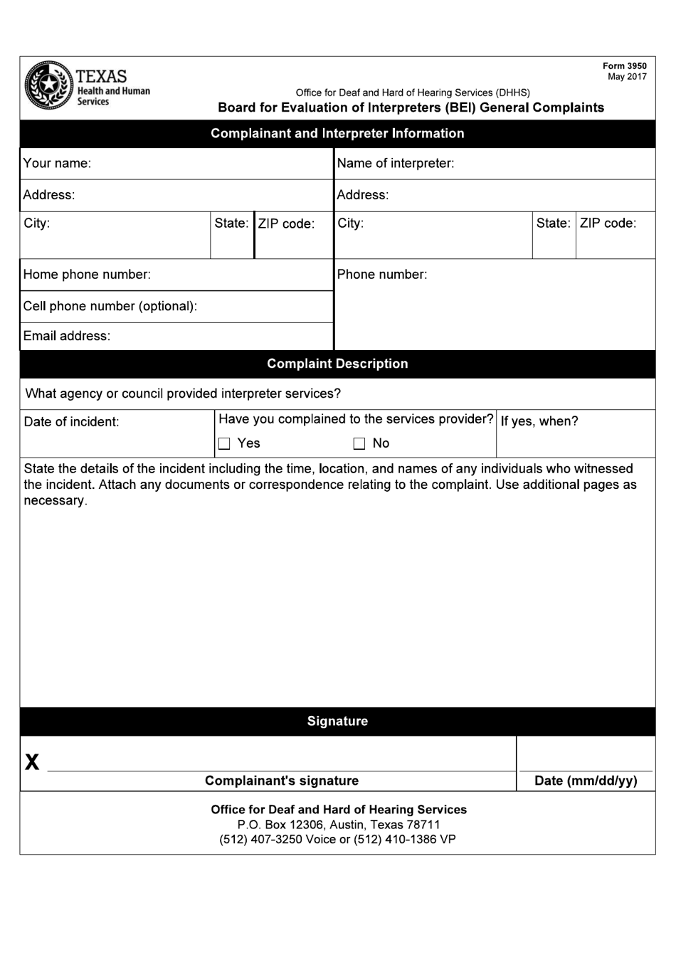 Form 3950 Board for Evaluation of Interpreters (Bei) General Complaints - Texas, Page 1