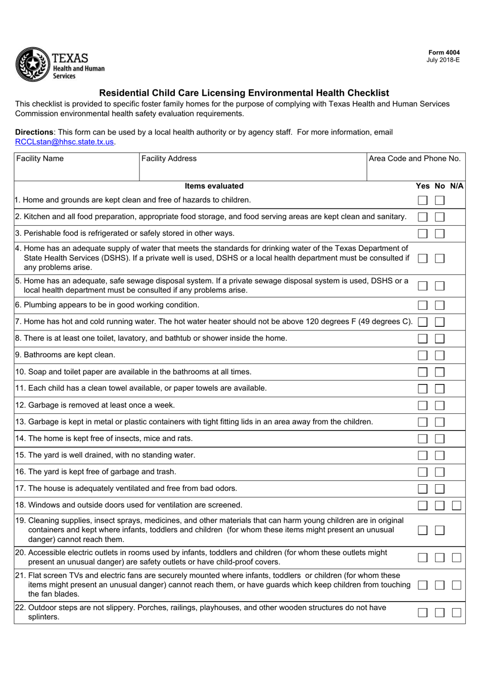 Form 4004 Residential Child Care Licensing Environmental Health Checklist - Texas, Page 1