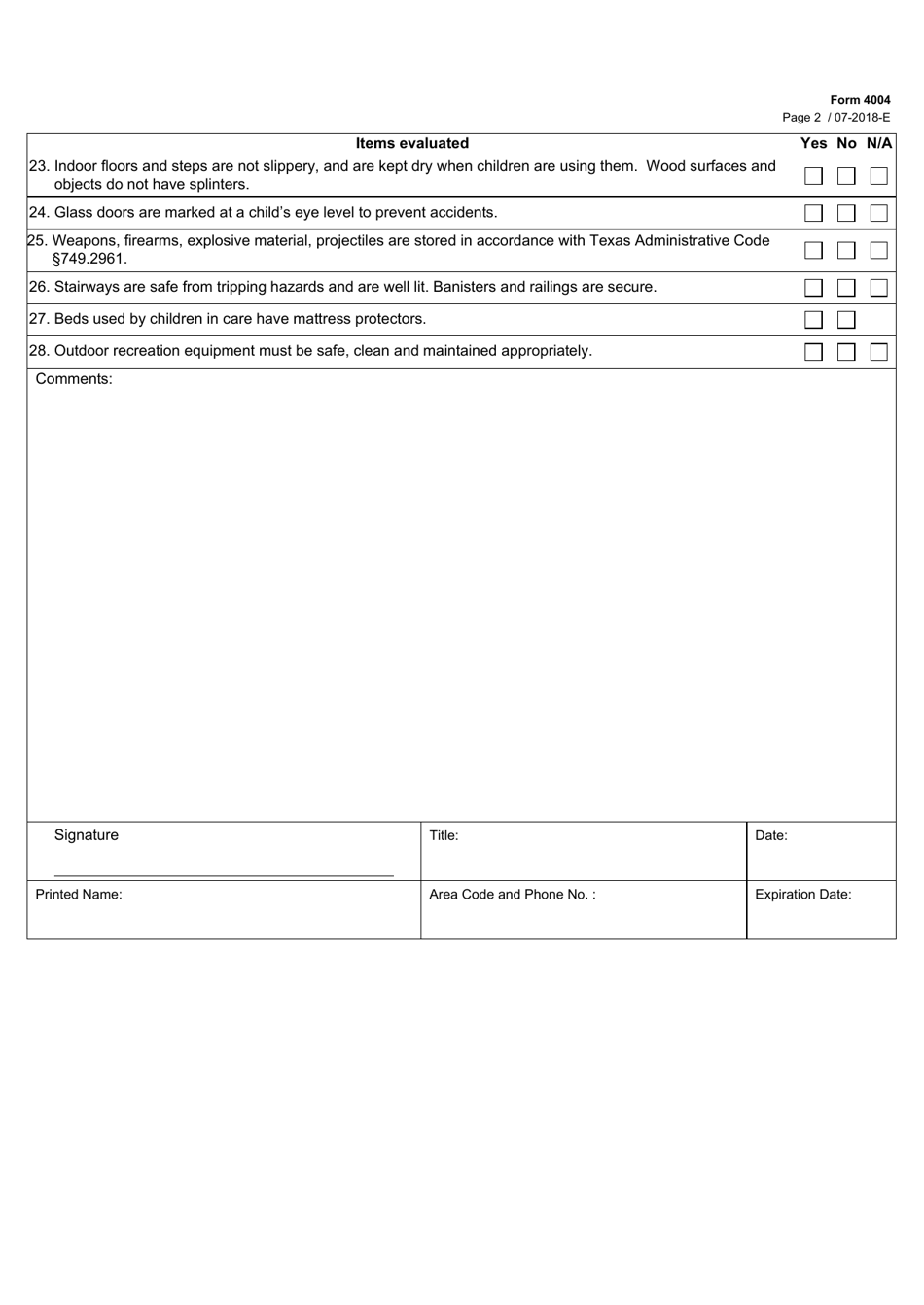 Form 4004 Residential Child Care Licensing Environmental Health Checklist - Texas, Page 2
