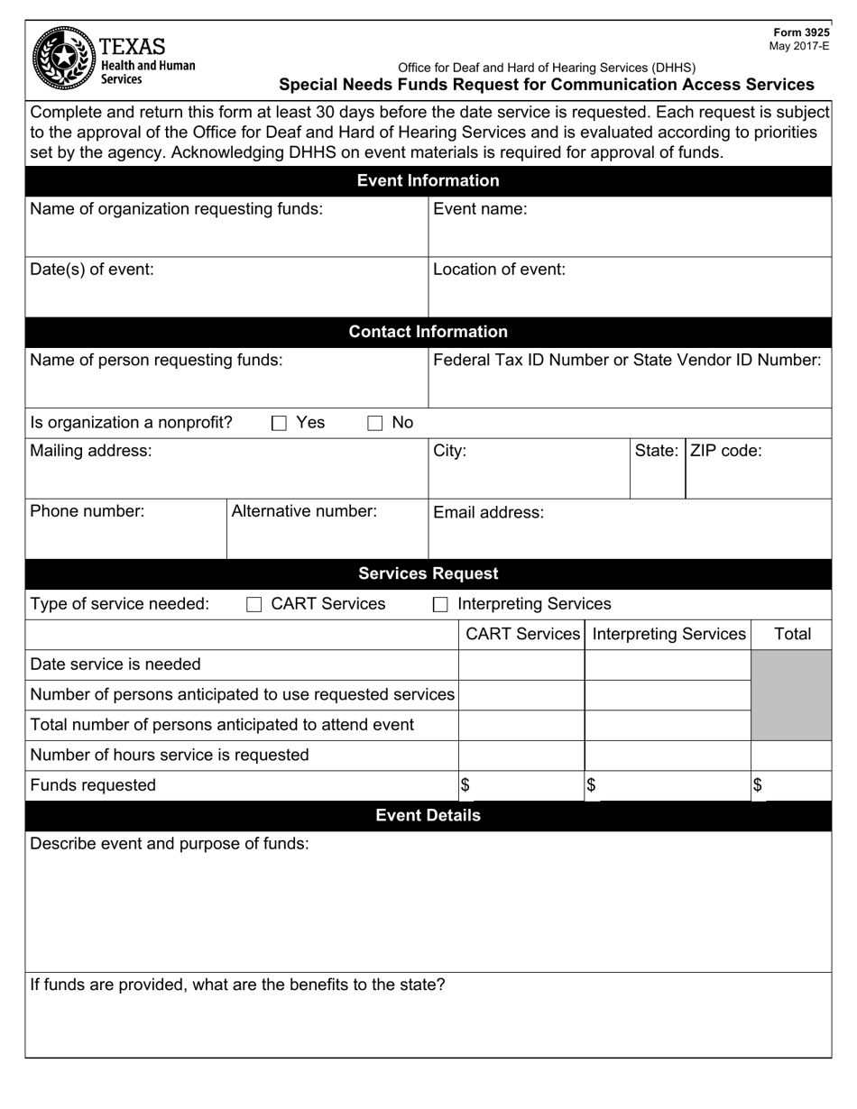 Form 3925 Special Needs Funds Request for Communication Access Services - Texas, Page 1