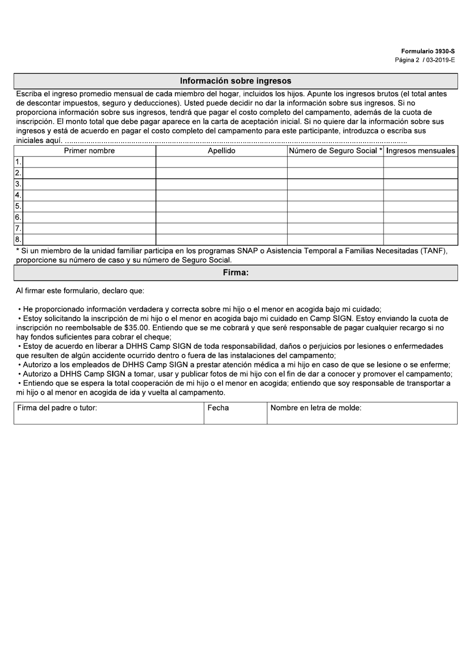 Formulario 3930-S Solicitud Para Asistir a Camp Sign - Texas (Spanish), Page 2