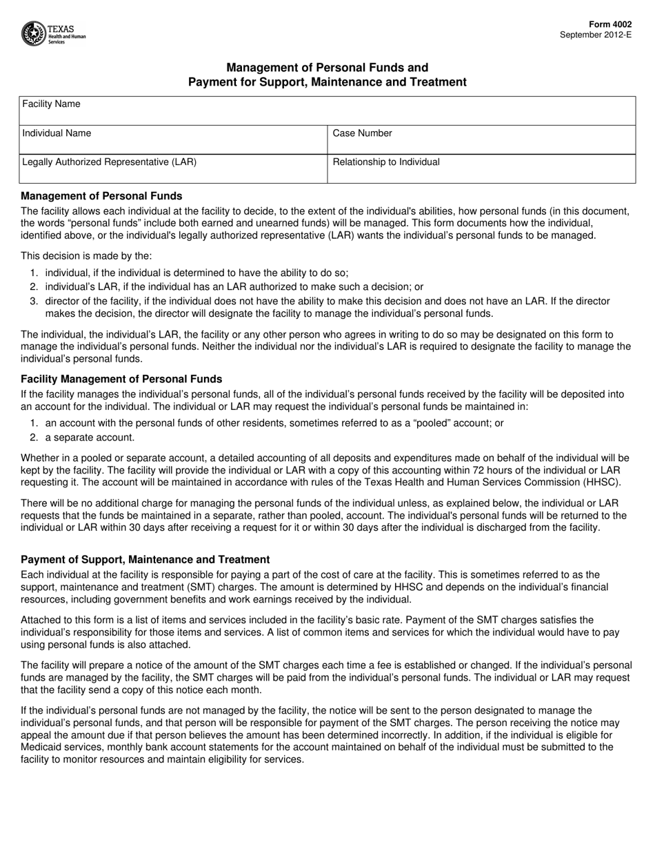 Form 4002 Management of Personal Funds and Payment for Support, Maintenance and Treatment - Texas, Page 1