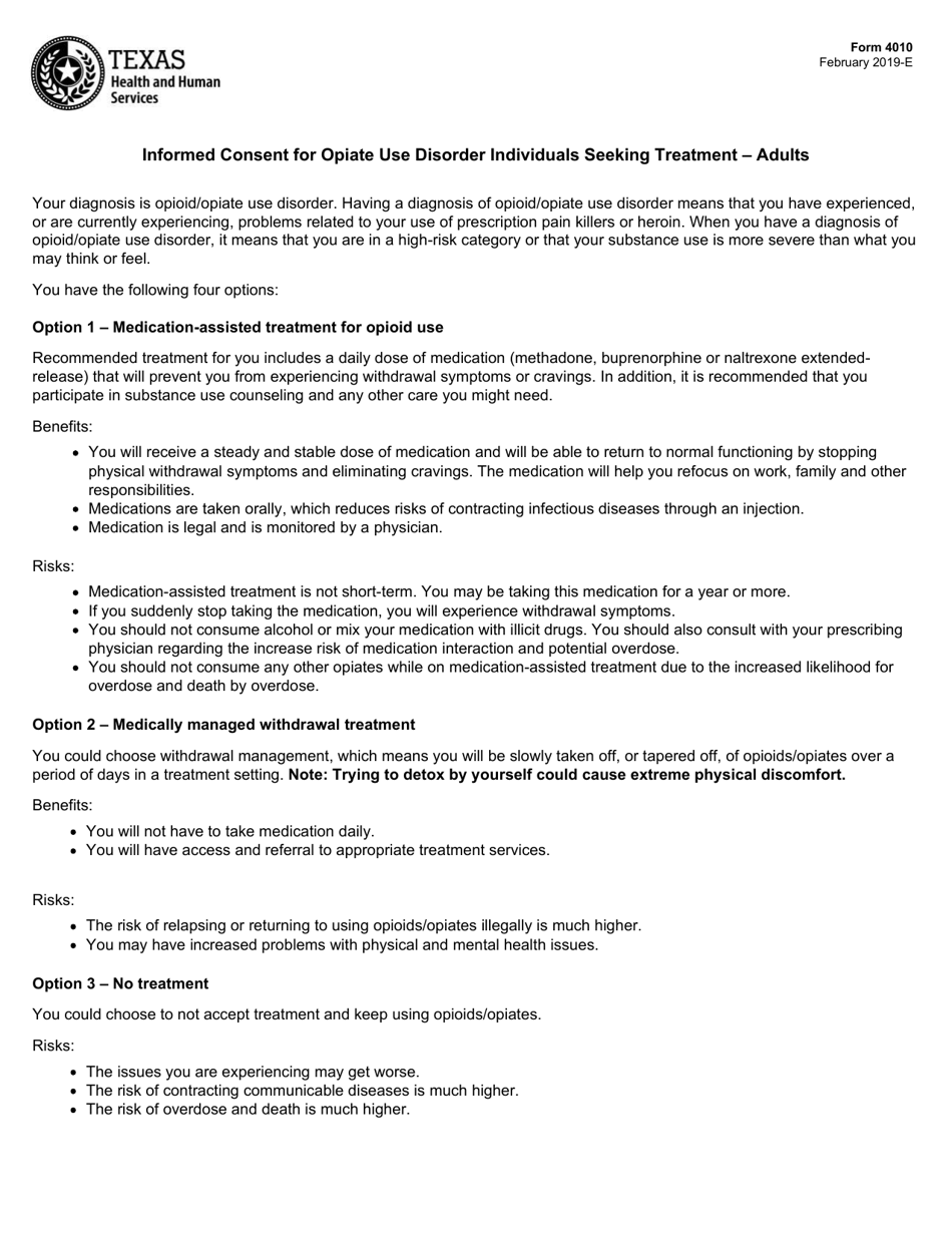 Form 4010 Informed Consent for Opiate Use Disorder Individuals Seeking Treatment - Adults - Texas, Page 1