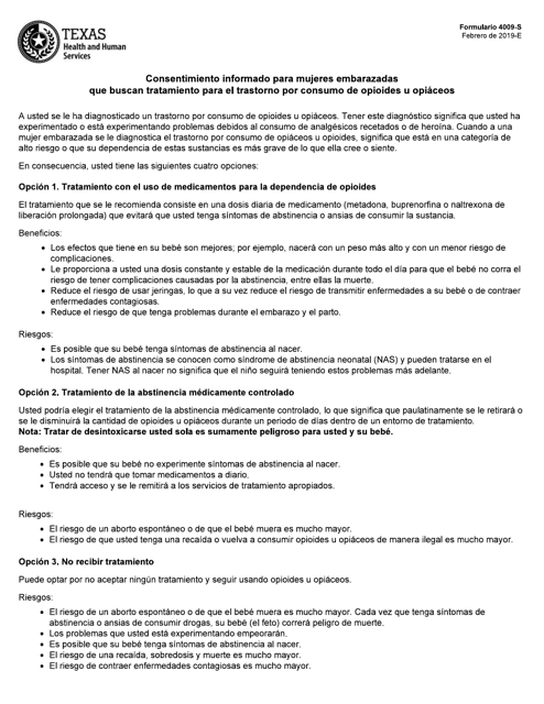 Formulario 4009-S Consentimiento Informado Para Mujeres Embarazadas Que Buscan Tratamiento Para El Trastorno Por Consumo De Opioides U Opiaceos - Texas (Spanish)