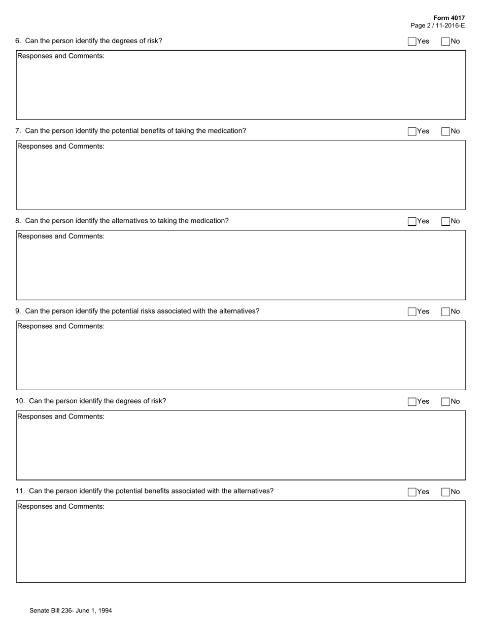 Form 4017 Capacity Assessment Instrument for Psychotropic Medication - Texas, Page 2