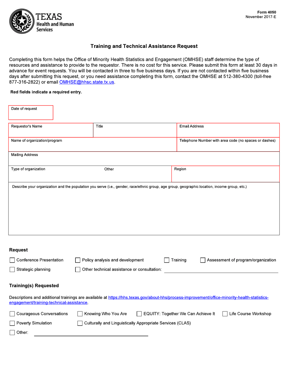 Form 4050 Training and Technical Assistance Request - Texas, Page 1