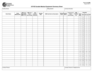 Document preview: Form 4116-DME Icf/Iid Durable Medical Equipment Summary Sheet - Texas