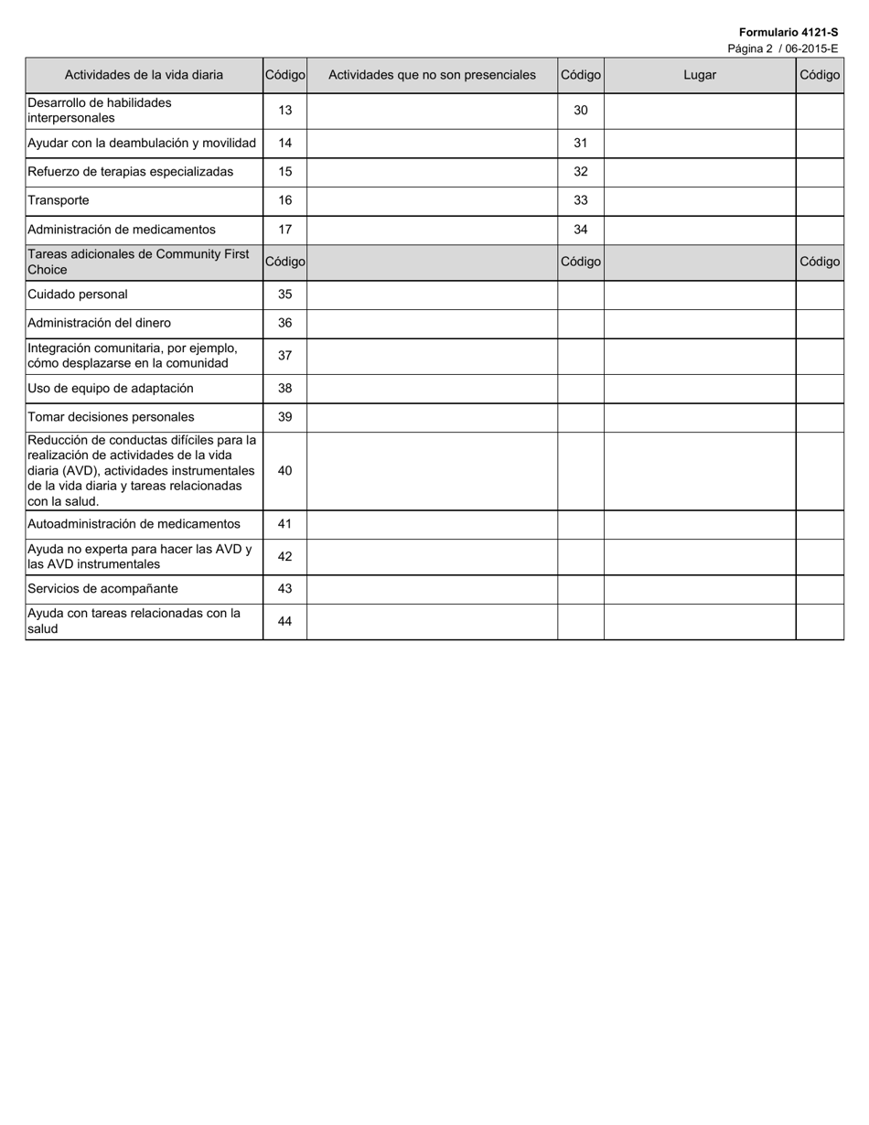 Formulario 4121-S Apoyo Para Vivir En Casa / Apoyo En La Comunidad / Servicios De Ayudante Personal De Community First Choice / Habilitacion - Texas (Spanish), Page 2