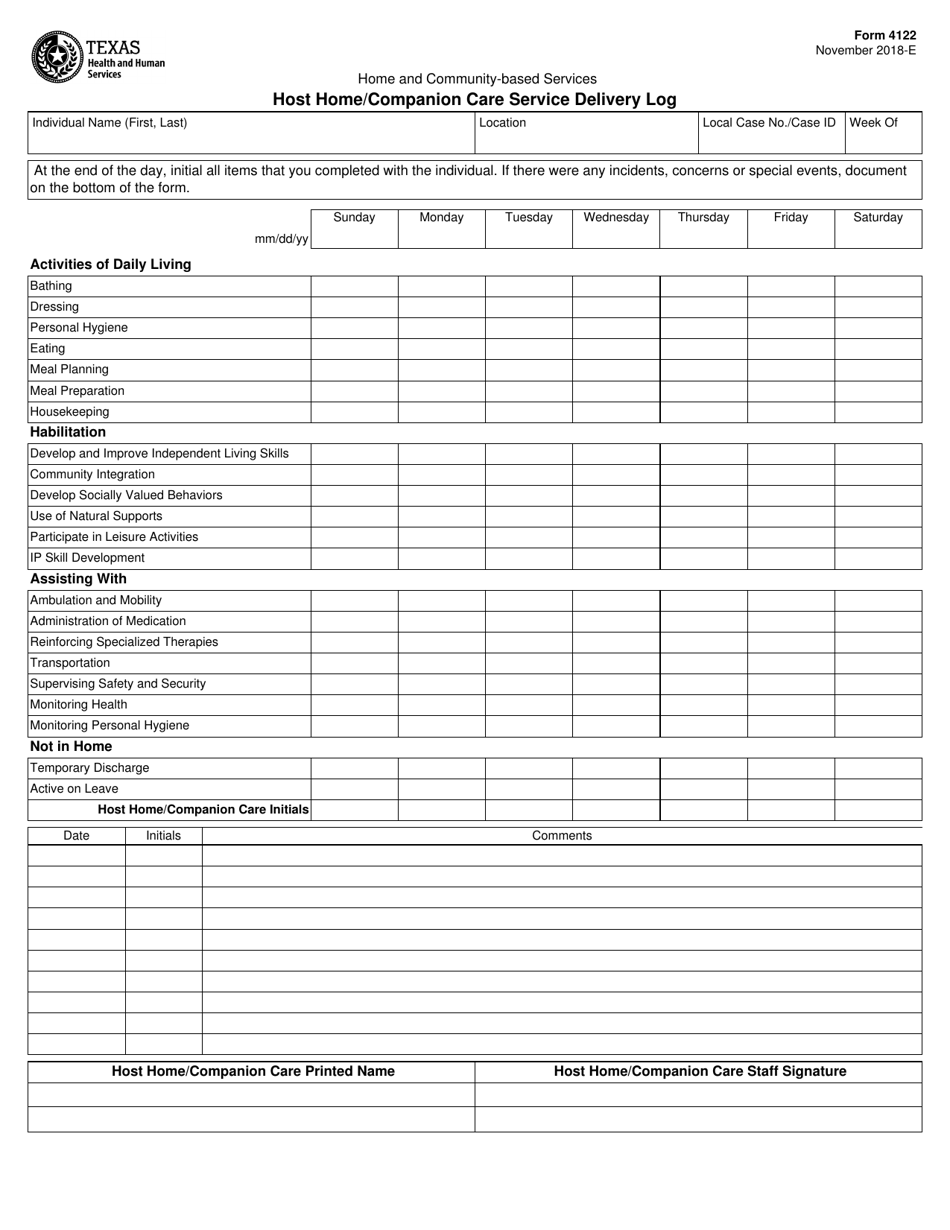 Form 4122 Host Home/Companion Care Service Delivery Log - Texas, Page 1