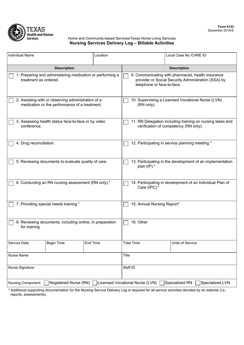 Form 4123 Nursing Services Delivery Log - Billable Activities - Texas, Page 1